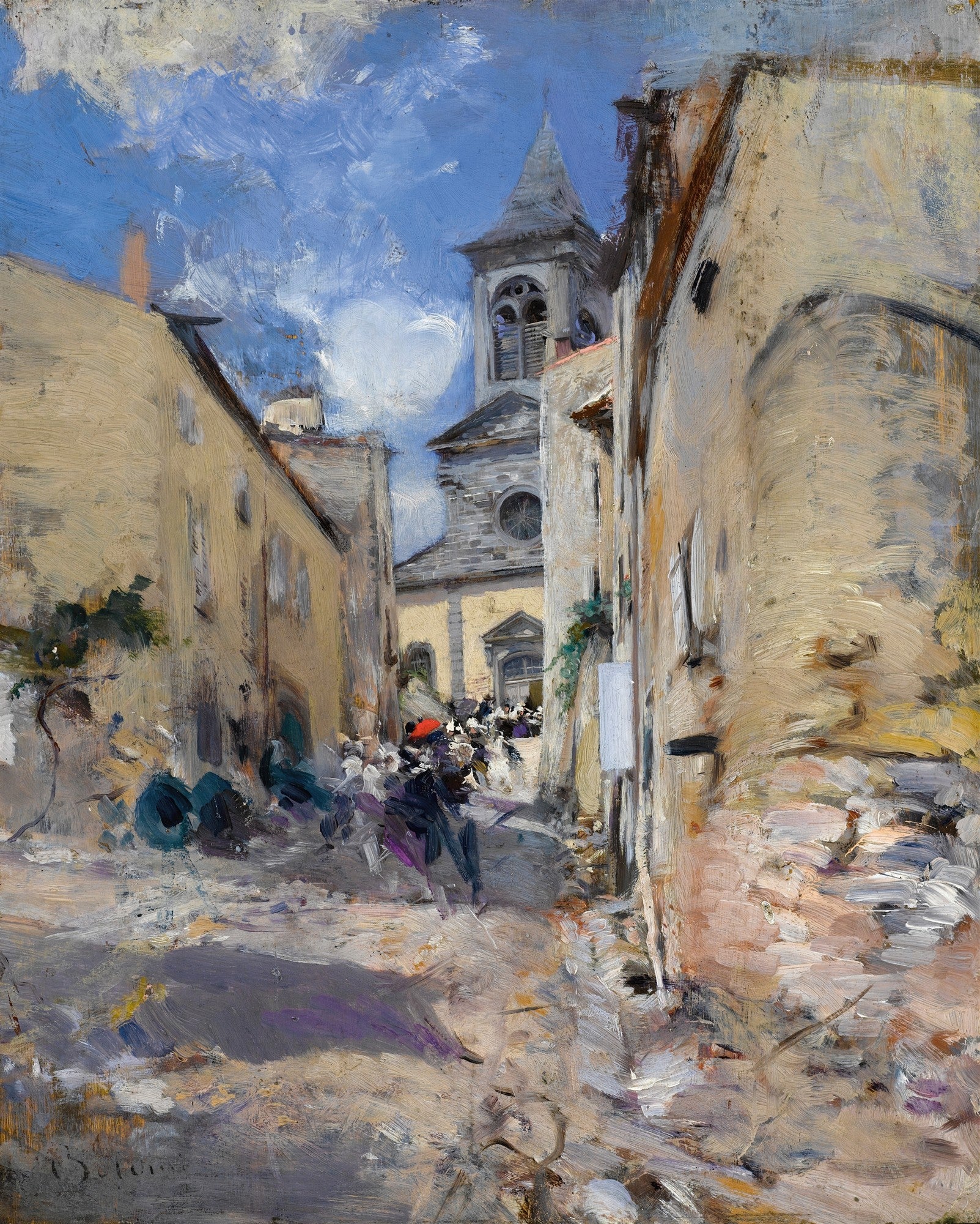 Pintura a óleo de Giovanni Boldini, 'Street Scene in Italy', retratando uma rua estreita e movimentada em uma cidade italiana, com edifícios antigos de tons claros, pessoas caminhando e uma torre de igreja ao fundo sob um céu azul vibrante com nuvens brancas. Pinceladas soltas e luminosas.