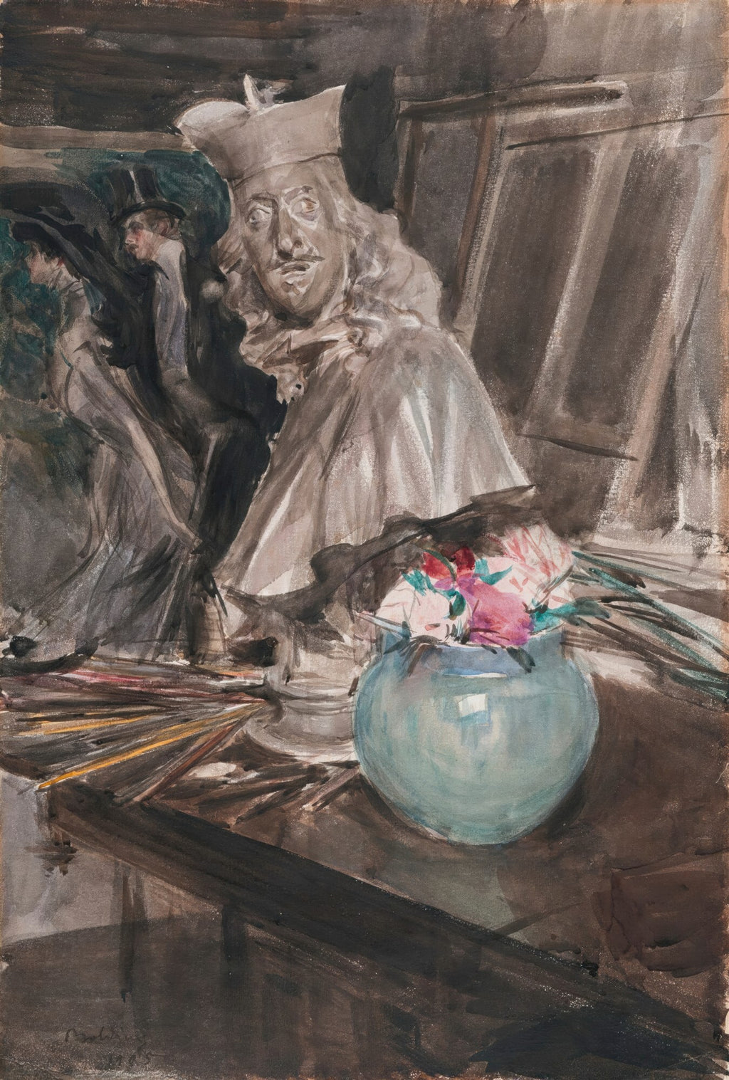 Pintura de Giovanni Boldini mostrando um busto clássico com peruca e chapéu, ao lado de um vaso de flores coloridas em um ateliê. A técnica é aquarela e guache, com pinceladas soltas e expressivas. No fundo, figuras indistintas e cavalete.