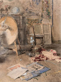 Quadro decorativo mostrando um canto de ateliê artístico com cavalete, tela, espadas, tecidos e papéis no chão, em tons terrosos e pastéis. Obra de Giovanni Boldini.