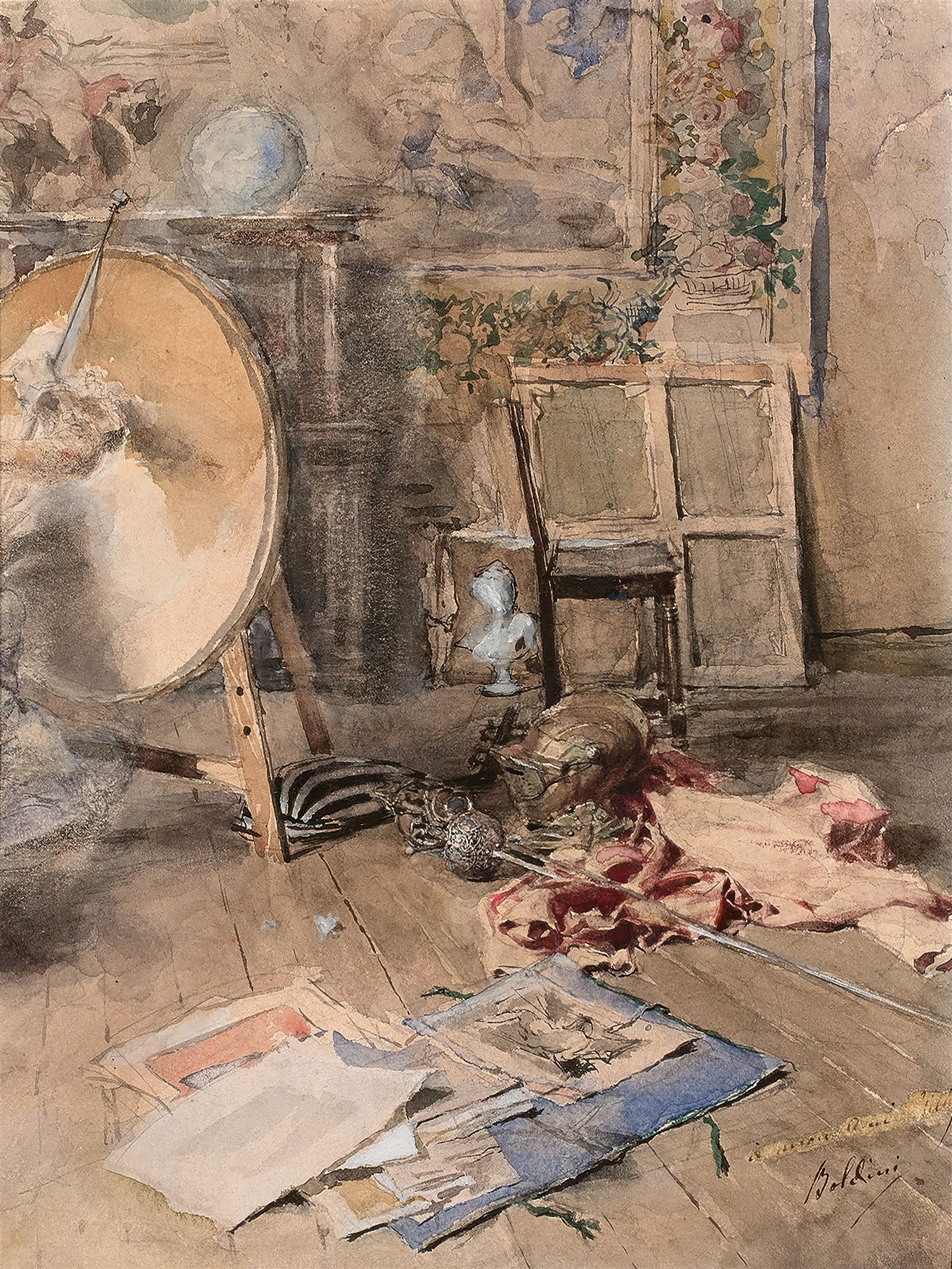 Quadro decorativo mostrando um canto de ateliê artístico com cavalete, tela, espadas, tecidos e papéis no chão, em tons terrosos e pastéis. Obra de Giovanni Boldini.