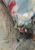 Pintura de Giovanni Boldini retratando uma cena de rua com edifícios altos de um lado e várias bandeiras coloridas, incluindo a bandeira britânica e francesa, agitadas pelo vento. A pincelada é solta e expressiva, com tons de cinza, marrom, vermelho e azul.