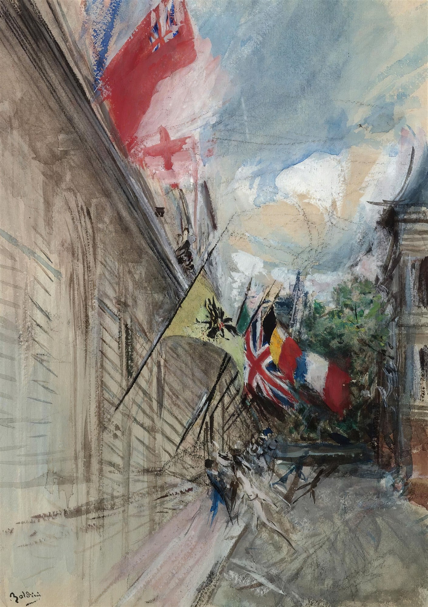 Pintura de Giovanni Boldini retratando uma cena de rua com edifícios altos de um lado e várias bandeiras coloridas, incluindo a bandeira britânica e francesa, agitadas pelo vento. A pincelada é solta e expressiva, com tons de cinza, marrom, vermelho e azul.
