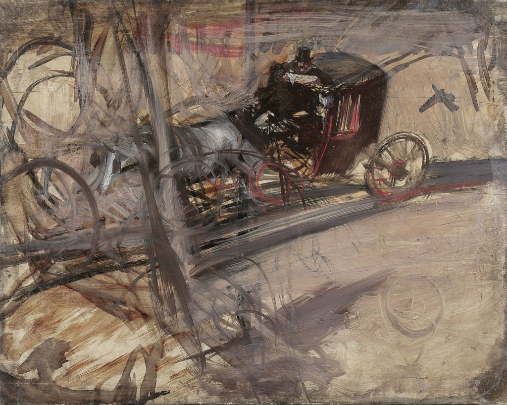 Quadro decorativo com pintura de Giovanni Boldini, 'Coche na Rua', representando um coche puxado por cavalos em meio a pinceladas soltas e dinâmicas em tons de marrom, cinza e bege, com toques de vermelho.