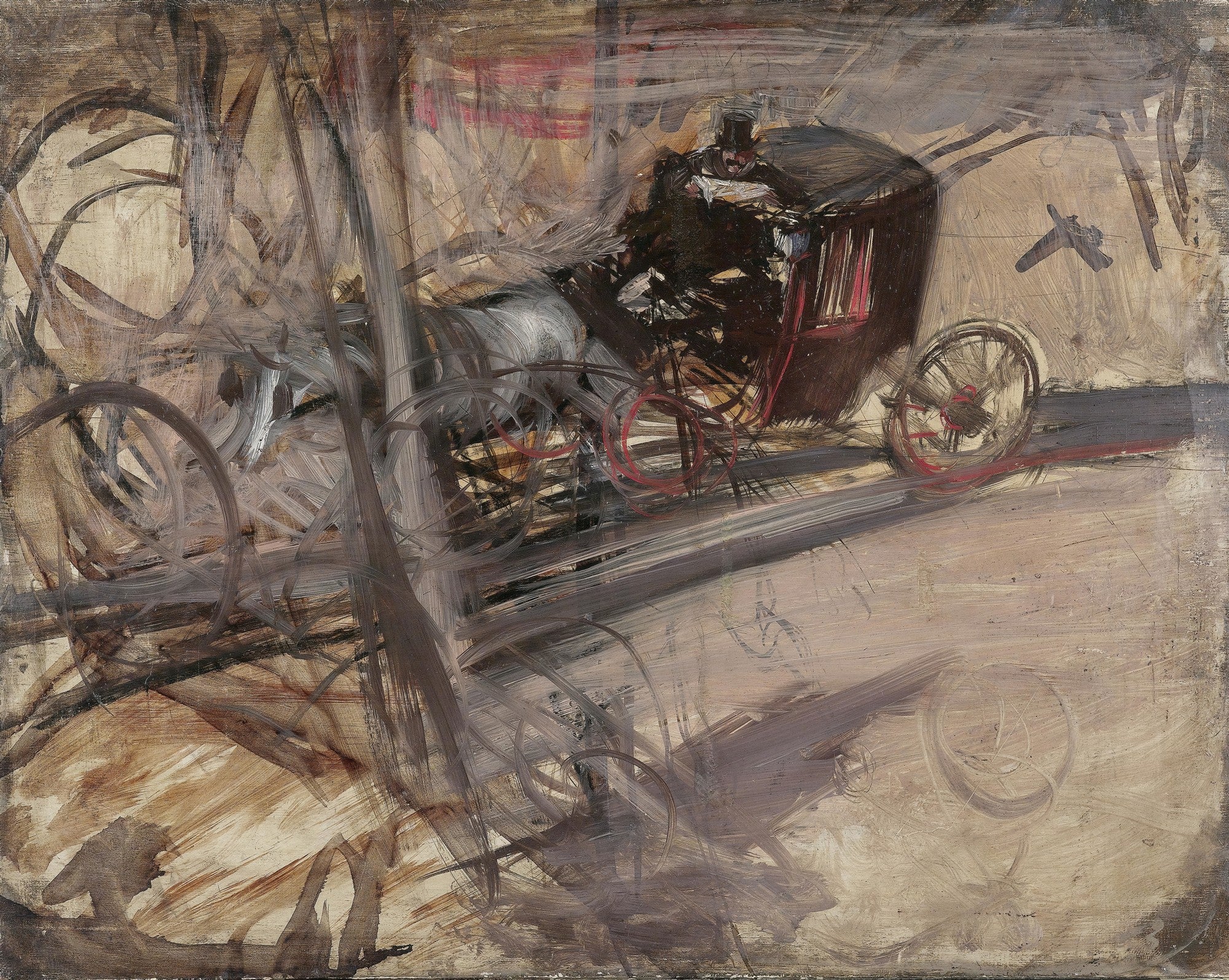 Quadro decorativo com pintura de Giovanni Boldini, 'Coche na Rua', representando um coche puxado por cavalos em meio a pinceladas soltas e dinâmicas em tons de marrom, cinza e bege, com toques de vermelho.