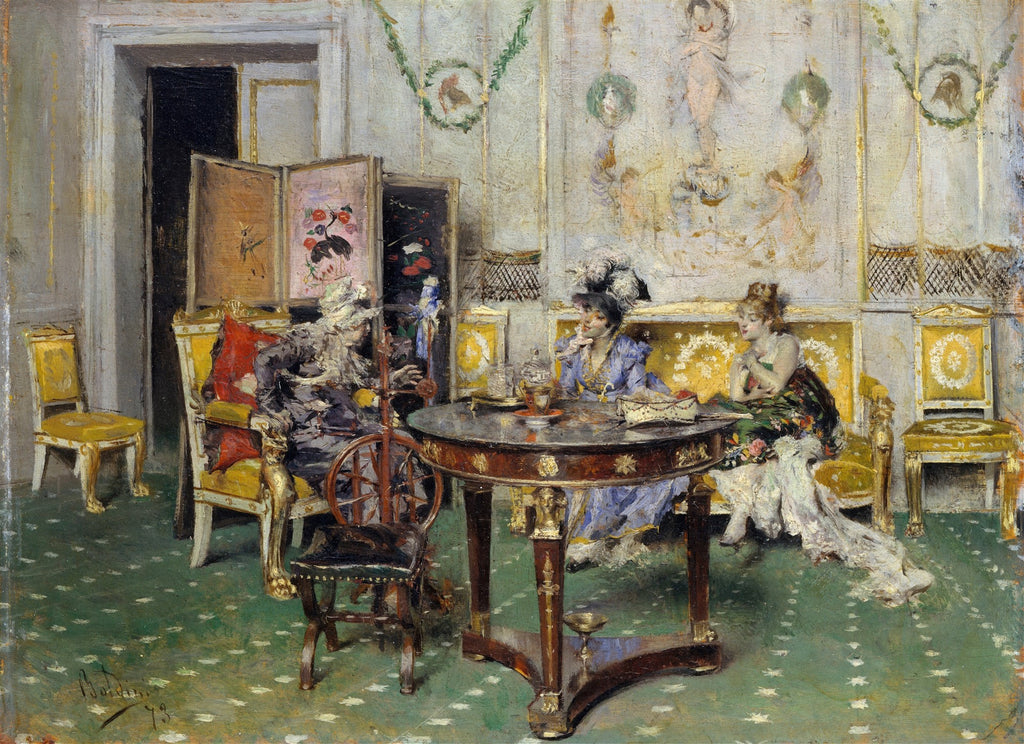 Quadro decorativo de Giovanni Boldini, representando três mulheres elegantemente vestidas em um salão opulento, desfrutando de uma tarde de chá. A cena é rica em detalhes, com mobiliário clássico e decoração de parede elaborada.
