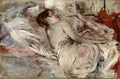 Pintura a óleo de Giovanni Boldini, "A Dama Adormecida", mostrando uma mulher deitada de lado em uma cama, com pinceladas soltas e expressivas, predominantemente em tons de branco, bege, marrom e toques de vermelho. A mulher está em um estado de repouso sensual.