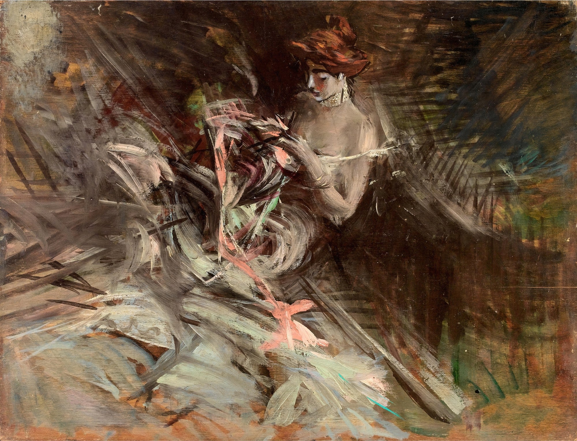 Pintura a óleo de Giovanni Boldini, 'A Senhora com Chapéu Vermelho', mostrando uma mulher com um chapéu avermelhado e vestido esvoaçante em um estilo impressionista com pinceladas soltas e vibrantes. Tons terrosos e pastéis se misturam, com destaque para a figura central em movimento.