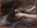 Pintura de Giovanni Boldini, detalhe de uma mão feminina de pele clara emergindo de um fundo escuro e pinceladas abstratas em tons de cinza, marrom e preto. A mão está em primeiro plano, com os dedos ligeiramente curvados, transmitindo delicadeza.