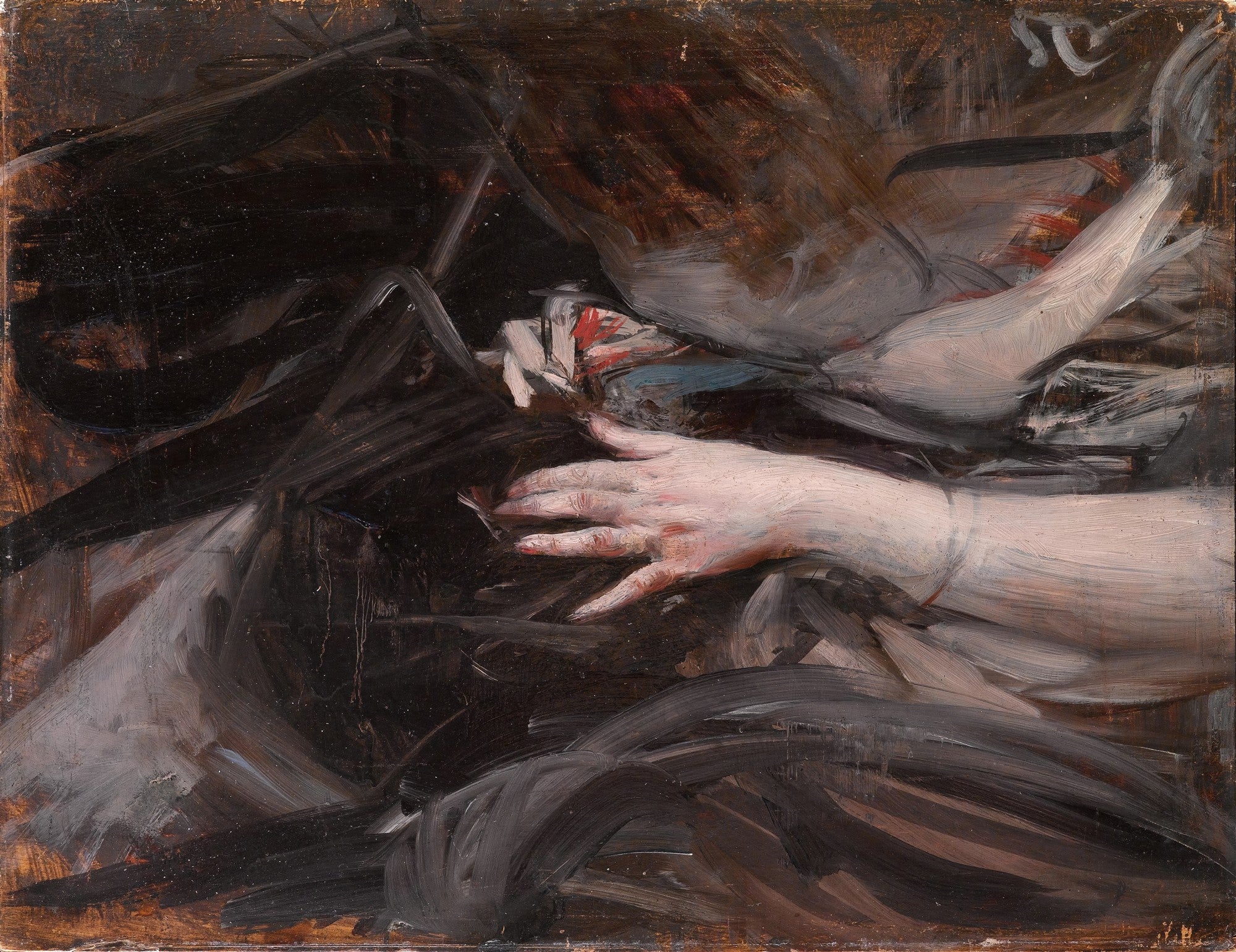 Pintura de Giovanni Boldini, detalhe de uma mão feminina de pele clara emergindo de um fundo escuro e pinceladas abstratas em tons de cinza, marrom e preto. A mão está em primeiro plano, com os dedos ligeiramente curvados, transmitindo delicadeza.
