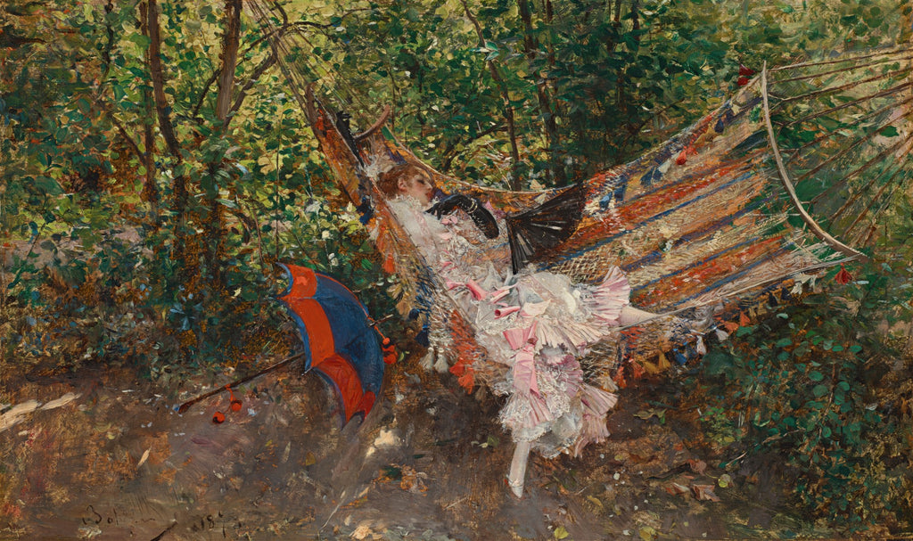 Pintura de Giovanni Boldini retratando uma mulher deitada em uma rede colorida em meio a uma paisagem verdejante, com um guarda-chuva vermelho e azul no chão. A imagem tem a assinatura do artista e o ano 1884 no canto inferior esquerdo.