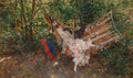Pintura de Giovanni Boldini retratando uma mulher deitada em uma rede colorida em meio a uma paisagem verdejante, com um guarda-chuva vermelho e azul no chão. A imagem tem a assinatura do artista e o ano 1884 no canto inferior esquerdo.