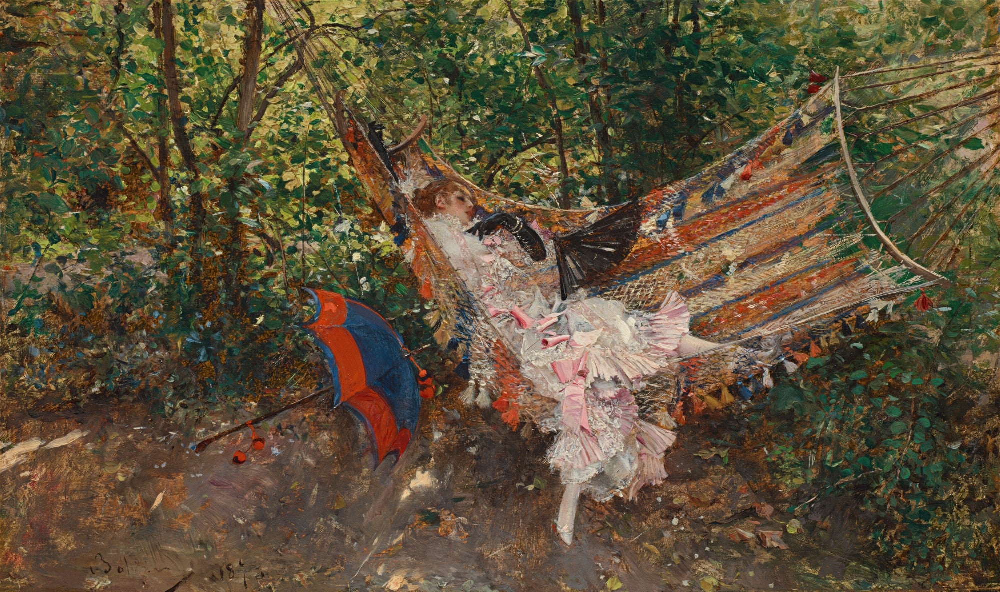 Pintura de Giovanni Boldini retratando uma mulher deitada em uma rede colorida em meio a uma paisagem verdejante, com um guarda-chuva vermelho e azul no chão. A imagem tem a assinatura do artista e o ano 1884 no canto inferior esquerdo.