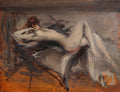 Pintura a óleo de Giovanni Boldini, apresentando um nu feminino reclinado, com pinceladas gestuais e cores quentes, dominado por tons de marrom, laranja e cinza.
