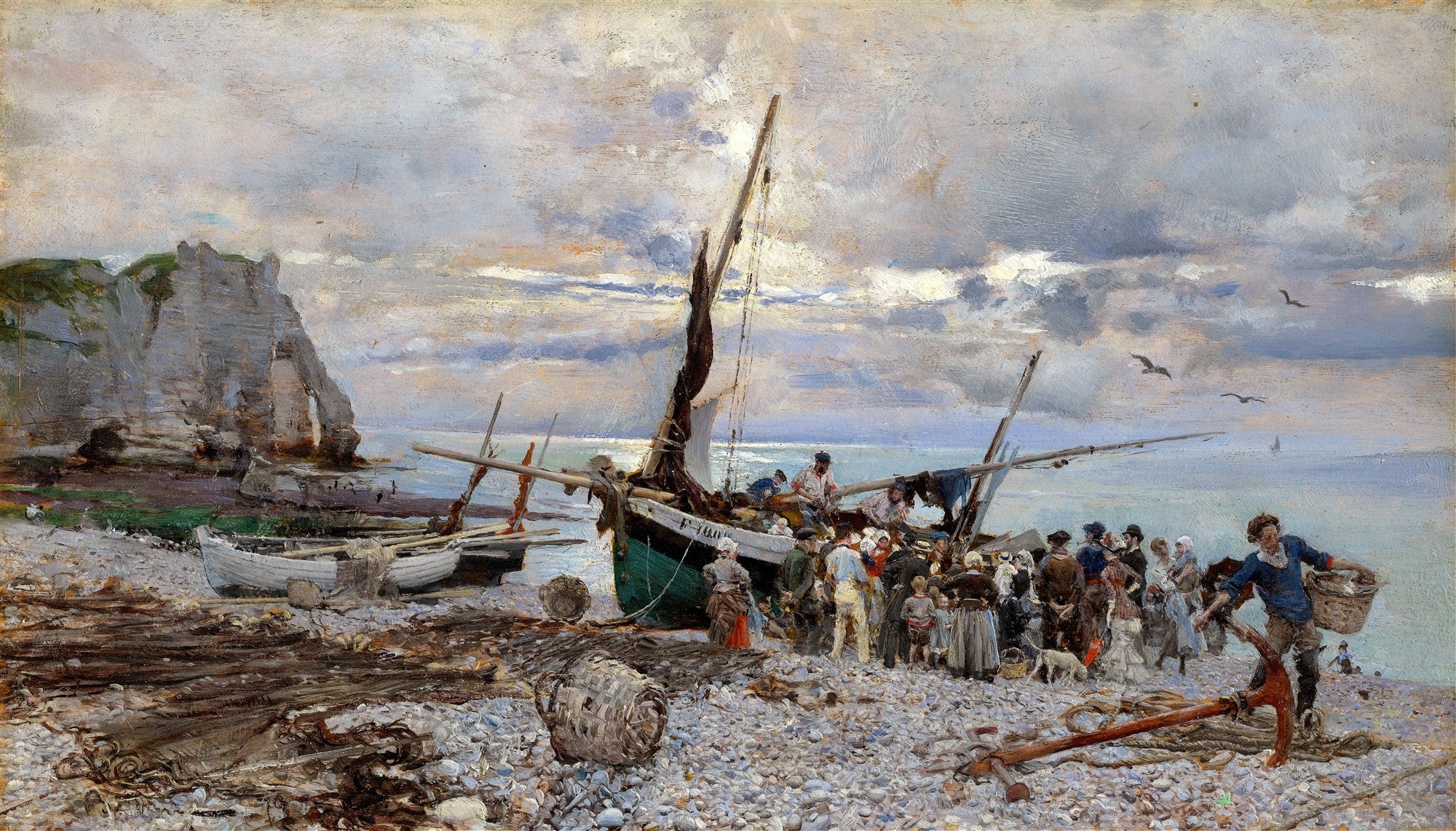 Pintura a óleo de Giovanni Boldini retratando um porto de pesca em Etretat, com pescadores, barcos e falésias ao fundo sob um céu nublado.