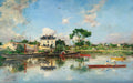 Quadro decorativo paisagem fluvial de Giovanni Boldini, com rio, barcos, casa e céu azul claro com nuvens. Pessoas em canoas e patos na água.