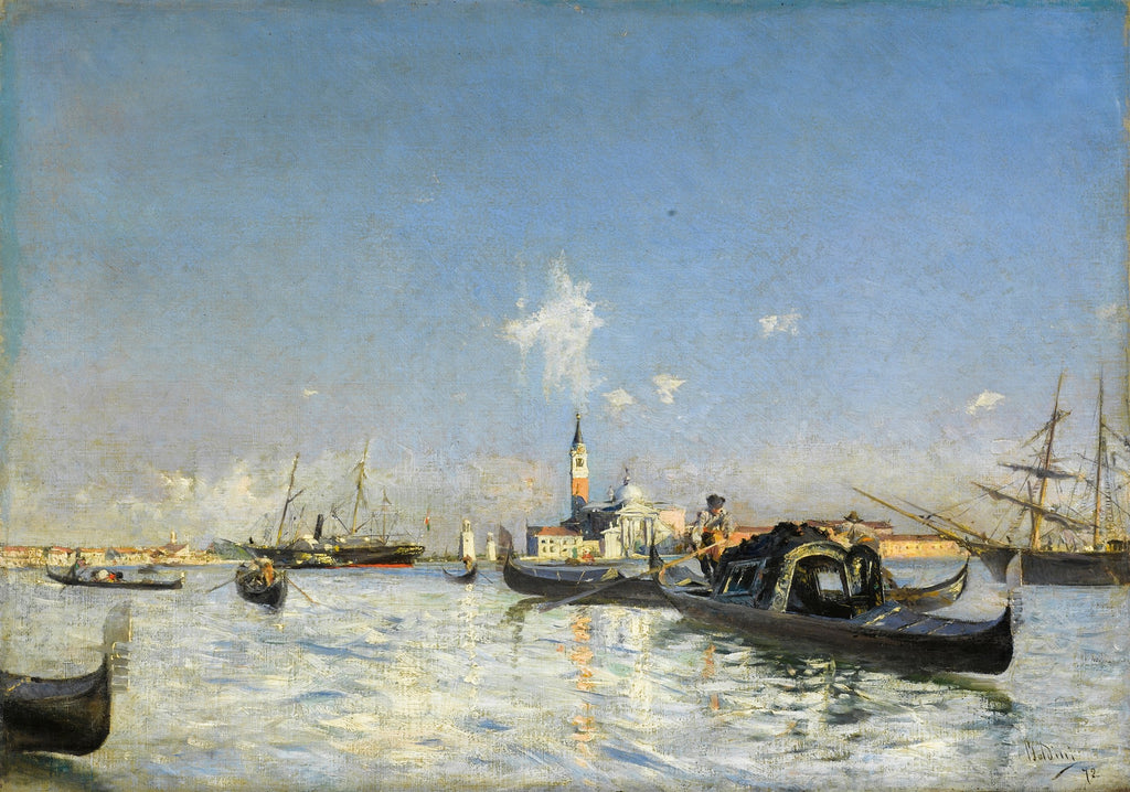 Pintura a óleo de Giovanni Boldini mostrando um canal de Veneza com gôndolas e edifícios ao fundo sob um céu azul claro. A água reflete a luz do sol.