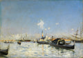 Pintura a óleo de Giovanni Boldini mostrando um canal de Veneza com gôndolas e edifícios ao fundo sob um céu azul claro. A água reflete a luz do sol.