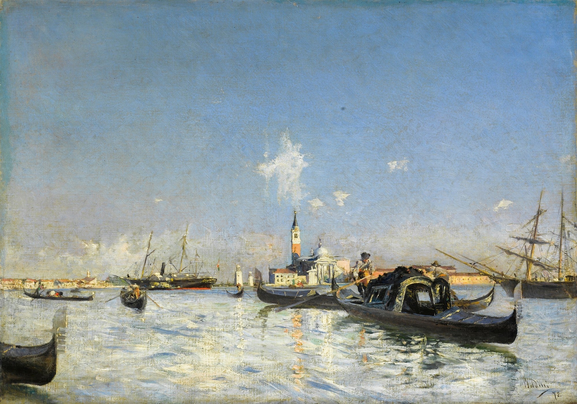 Pintura a óleo de Giovanni Boldini mostrando um canal de Veneza com gôndolas e edifícios ao fundo sob um céu azul claro. A água reflete a luz do sol.