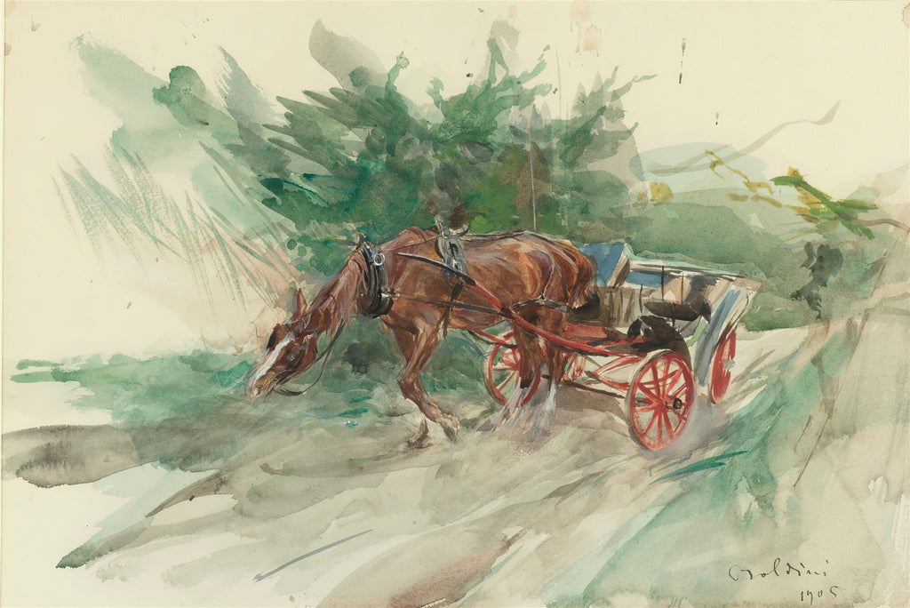 Quadro decorativo mostrando uma aquarela de Giovanni Boldini, intitulada Carroça no Campo. A imagem apresenta um cavalo marrom puxando uma carroça de rodas vermelhas por um caminho de terra, com folhagens verdes e pinceladas soltas ao fundo. A assinatura Boldini e a data 1905 são visíveis no canto inferior direito.