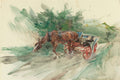 Quadro decorativo mostrando uma aquarela de Giovanni Boldini, intitulada Carroça no Campo. A imagem apresenta um cavalo marrom puxando uma carroça de rodas vermelhas por um caminho de terra, com folhagens verdes e pinceladas soltas ao fundo. A assinatura Boldini e a data 1905 são visíveis no canto inferior direito.