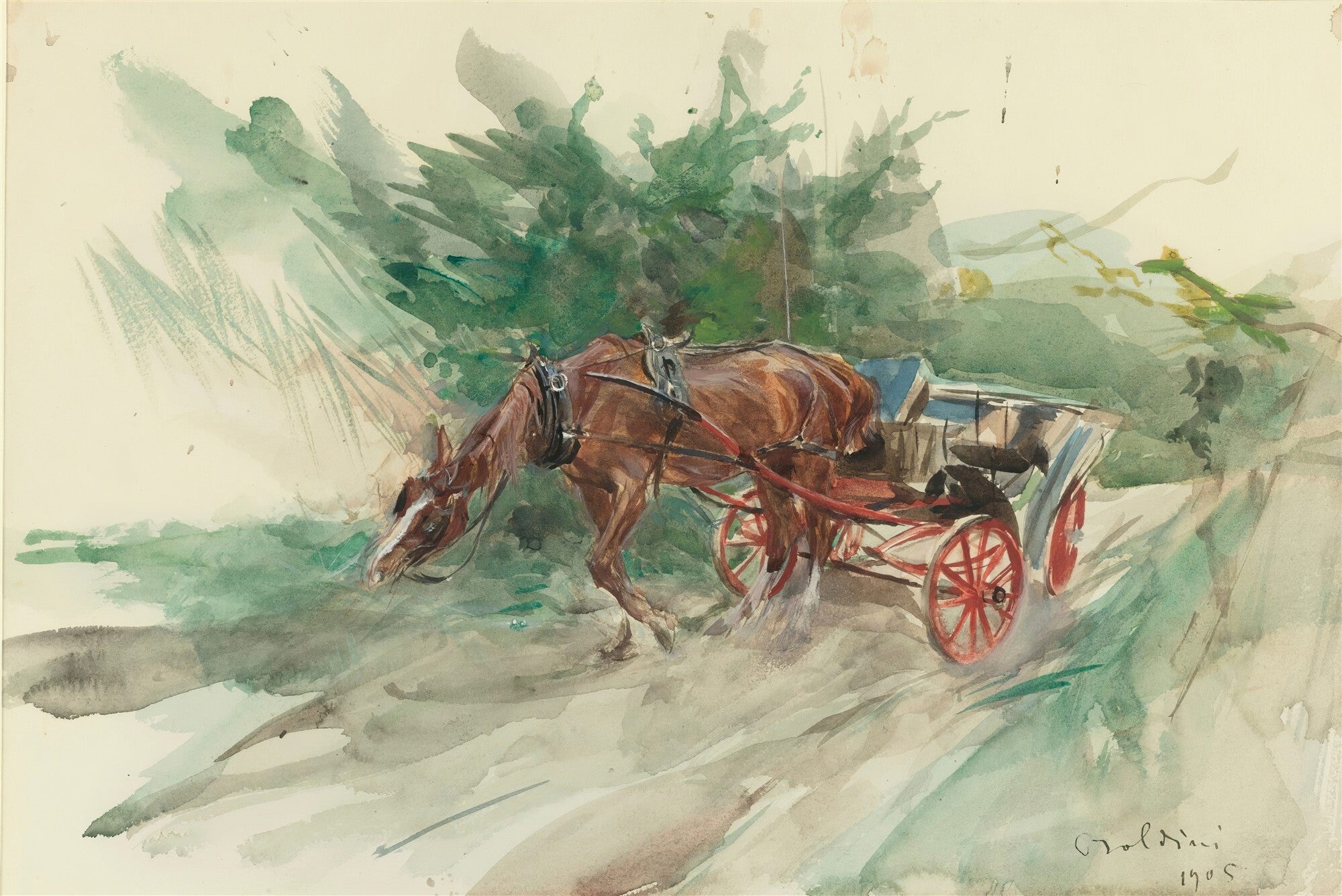 Quadro decorativo mostrando uma aquarela de Giovanni Boldini, intitulada Carroça no Campo. A imagem apresenta um cavalo marrom puxando uma carroça de rodas vermelhas por um caminho de terra, com folhagens verdes e pinceladas soltas ao fundo. A assinatura Boldini e a data 1905 são visíveis no canto inferior direito.