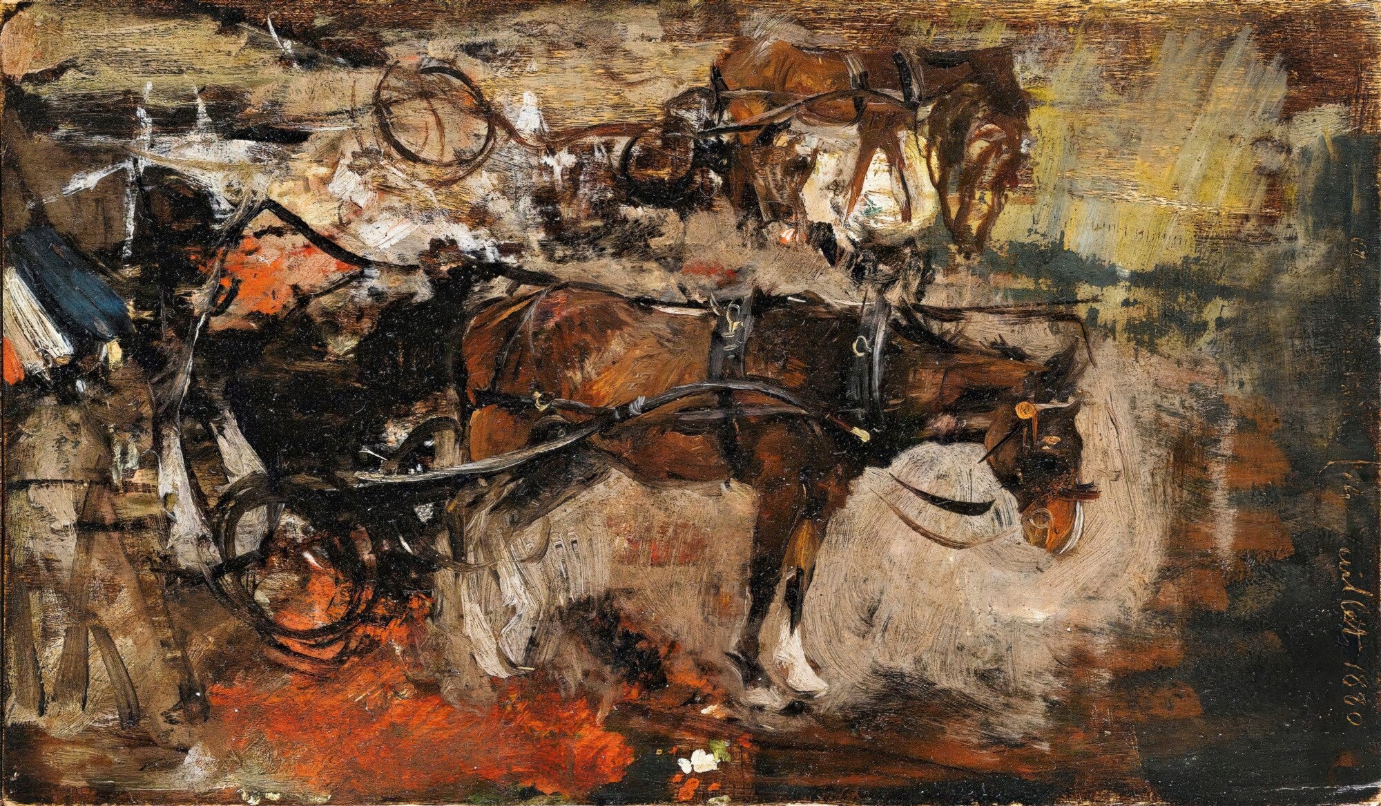 Pintura a óleo de Giovanni Boldini, 'Carriage with Horses', mostrando cavalos puxando uma carruagem em movimento, com pinceladas soltas e dinâmicas em tons terrosos e escuros, com toques de laranja e branco.
