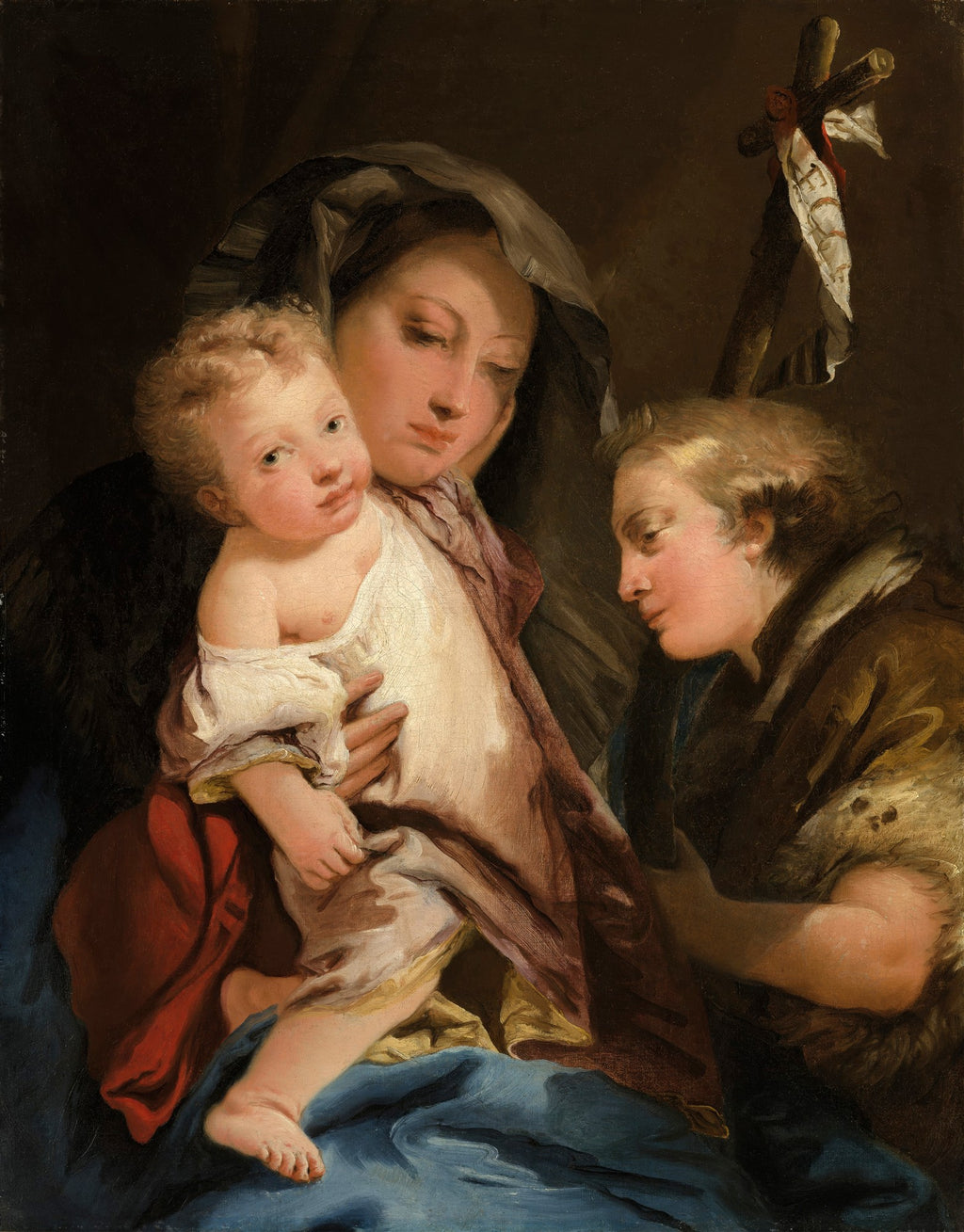Pintura a óleo de Giovanni Domenico Tiepolo, "A Virgem e o Menino com São João Batista". A Virgem Maria, de véu escuro e vestes em tons de vermelho e azul, segura o Menino Jesus, que olha para frente. À direita, São João Batista, com pele de animal e uma cruz, observa a cena.