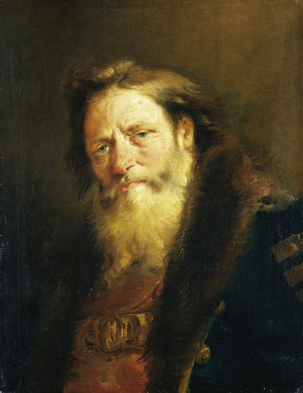 Retrato de um homem idoso barbudo com olhar melancólico, vestindo um casaco de pele escura e gola alta, com fundo escuro. Atribuído a Giovanni Domenico Tiepolo.