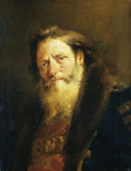 Retrato de um homem idoso barbudo com olhar melancólico, vestindo um casaco de pele escura e gola alta, com fundo escuro. Atribuído a Giovanni Domenico Tiepolo.