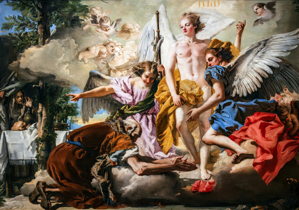 Pintura rococó 'A Chegada do Anjo a Tobias' de Giovanni Domenico Tiepolo, mostrando anjos descendo das nuvens para guiar Tobias e a figura de seu pai cego, Tobit, no canto esquerdo.