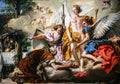 Pintura rococó 'A Chegada do Anjo a Tobias' de Giovanni Domenico Tiepolo, mostrando anjos descendo das nuvens para guiar Tobias e a figura de seu pai cego, Tobit, no canto esquerdo.
