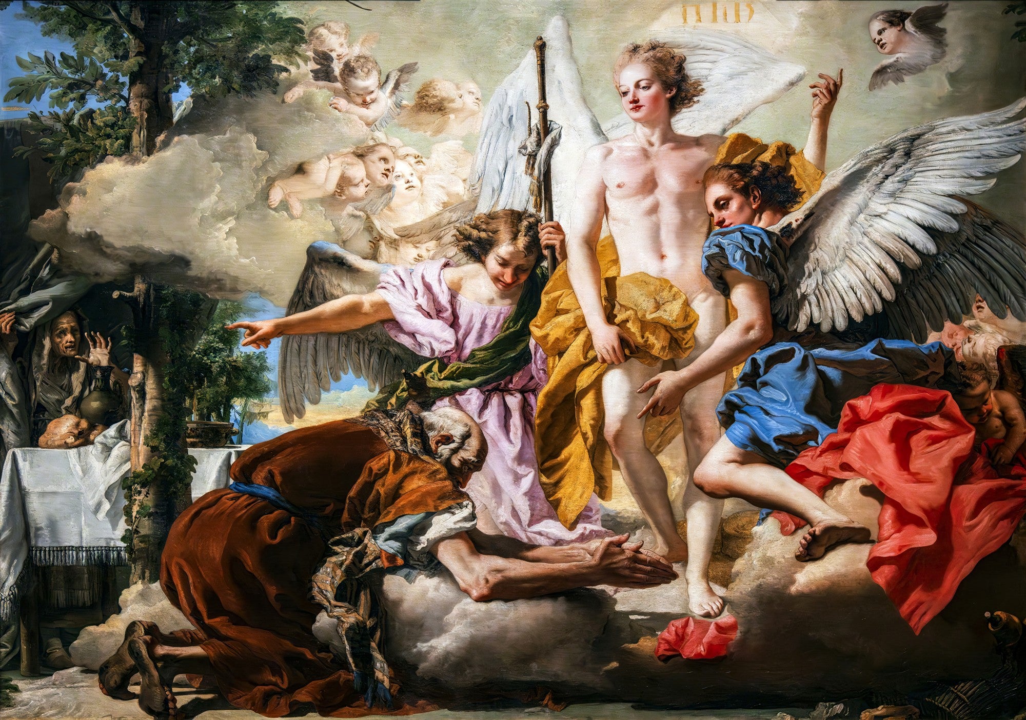 Pintura rococó 'A Chegada do Anjo a Tobias' de Giovanni Domenico Tiepolo, mostrando anjos descendo das nuvens para guiar Tobias e a figura de seu pai cego, Tobit, no canto esquerdo.
