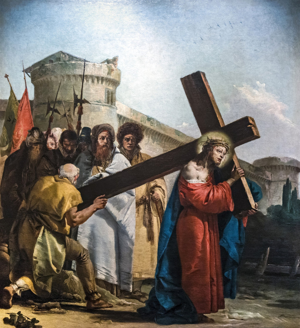 Pintura 'A Caminho do Calvário' de Giovanni Domenico Tiepolo, representando Jesus Cristo carregando a cruz com a ajuda de Simão Cireneu, cercado por soldados e espectadores, em frente a uma fortaleza.