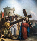 Pintura 'A Caminho do Calvário' de Giovanni Domenico Tiepolo, representando Jesus Cristo carregando a cruz com a ajuda de Simão Cireneu, cercado por soldados e espectadores, em frente a uma fortaleza.