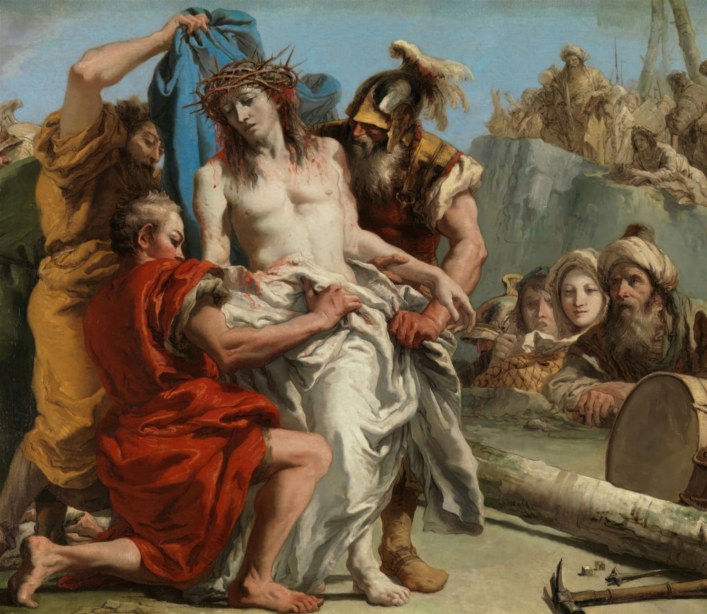 Pintura a óleo representando a Deposição de Cristo, atribuída a Giovanni Domenico Tiepolo, com Cristo coroado de espinhos sendo amparado por figuras em vestes coloridas e uma multidão ao fundo. As cores são vibrantes e a composição dramática.