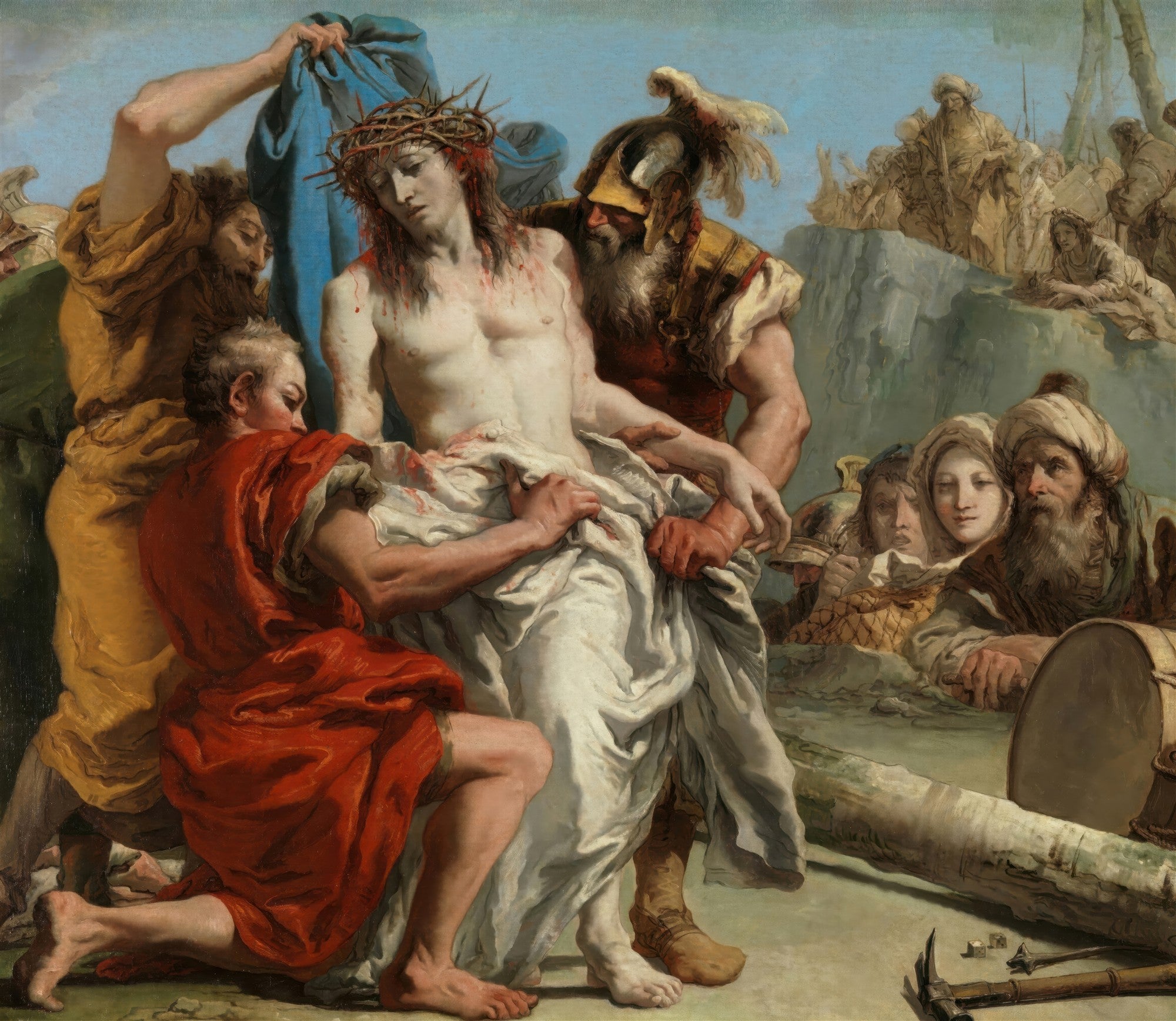 Pintura a óleo representando a Deposição de Cristo, atribuída a Giovanni Domenico Tiepolo, com Cristo coroado de espinhos sendo amparado por figuras em vestes coloridas e uma multidão ao fundo. As cores são vibrantes e a composição dramática.