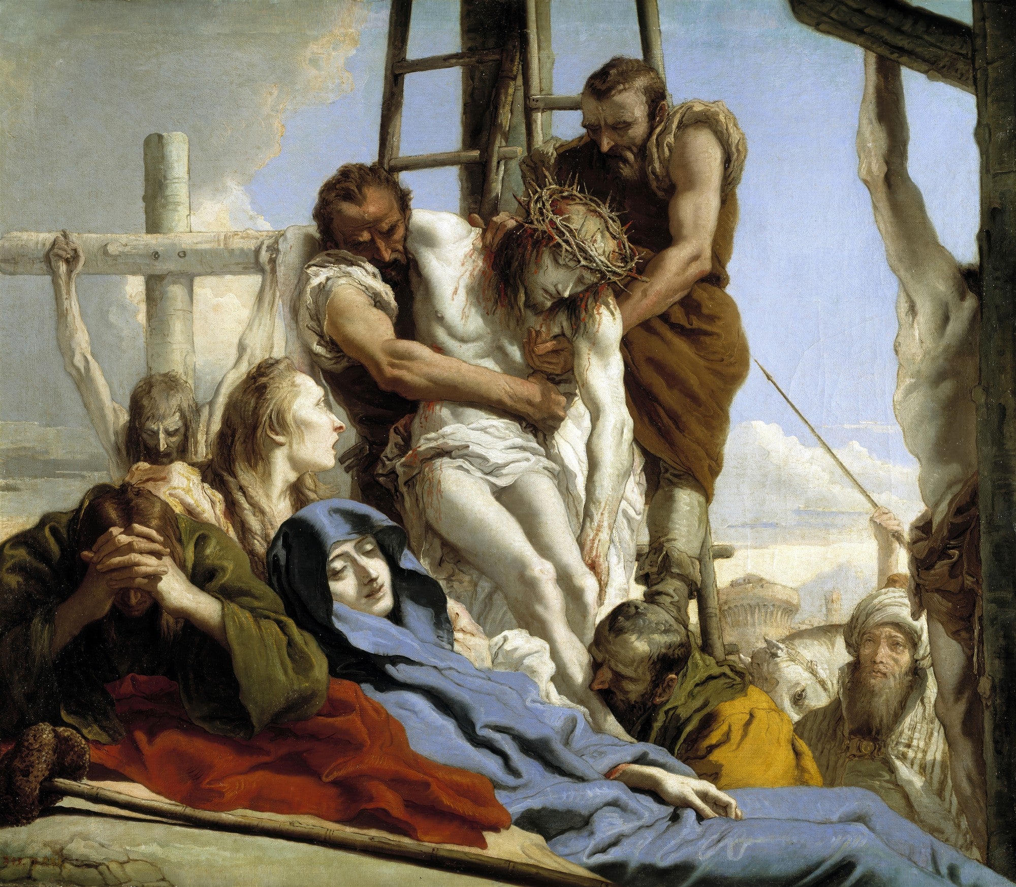 Quadro decorativo "A Deposição de Cristo" de Giovanni Domenico Tiepolo, retratando o corpo de Cristo sendo retirado da cruz por figuras entristecidas, com a Virgem Maria em primeiro plano.