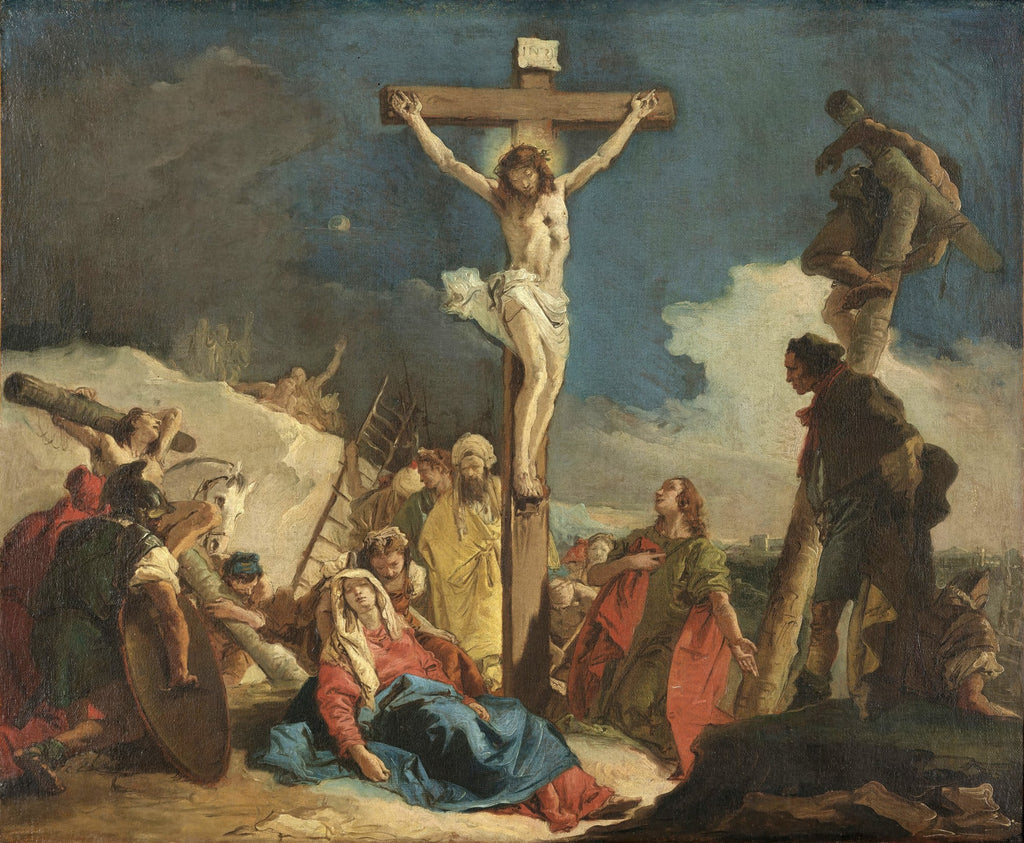 Pintura a óleo de Giovanni Domenico Tiepolo, 'A Crucificação', mostrando Jesus na cruz com a Virgem Maria desfalecida e uma multidão ao redor. Cores escuras e dramáticas.