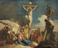 Pintura a óleo de Giovanni Domenico Tiepolo, 'A Crucificação', mostrando Jesus na cruz com a Virgem Maria desfalecida e uma multidão ao redor. Cores escuras e dramáticas.