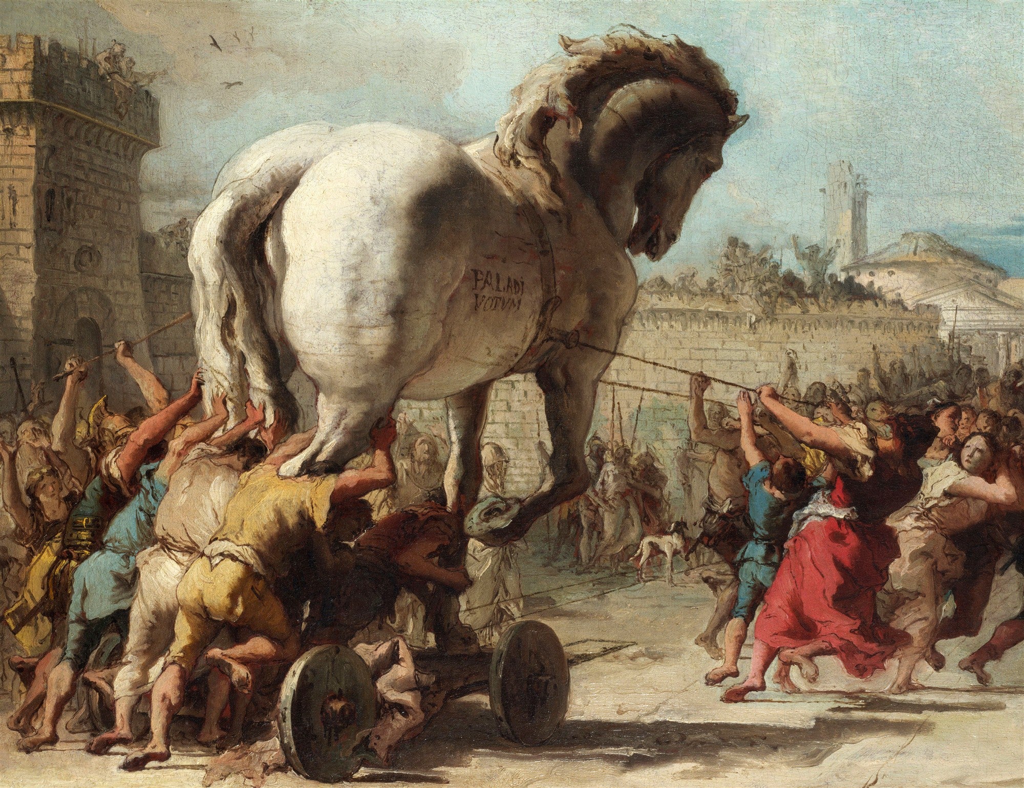 Pintura a óleo de Giovanni Domenico Tiepolo mostrando um grande cavalo de madeira sendo puxado por uma multidão de pessoas em direção a uma cidade fortificada. A cena é dramática e cheia de movimento, com tons terrosos e detalhes arquitetônicos ao fundo.