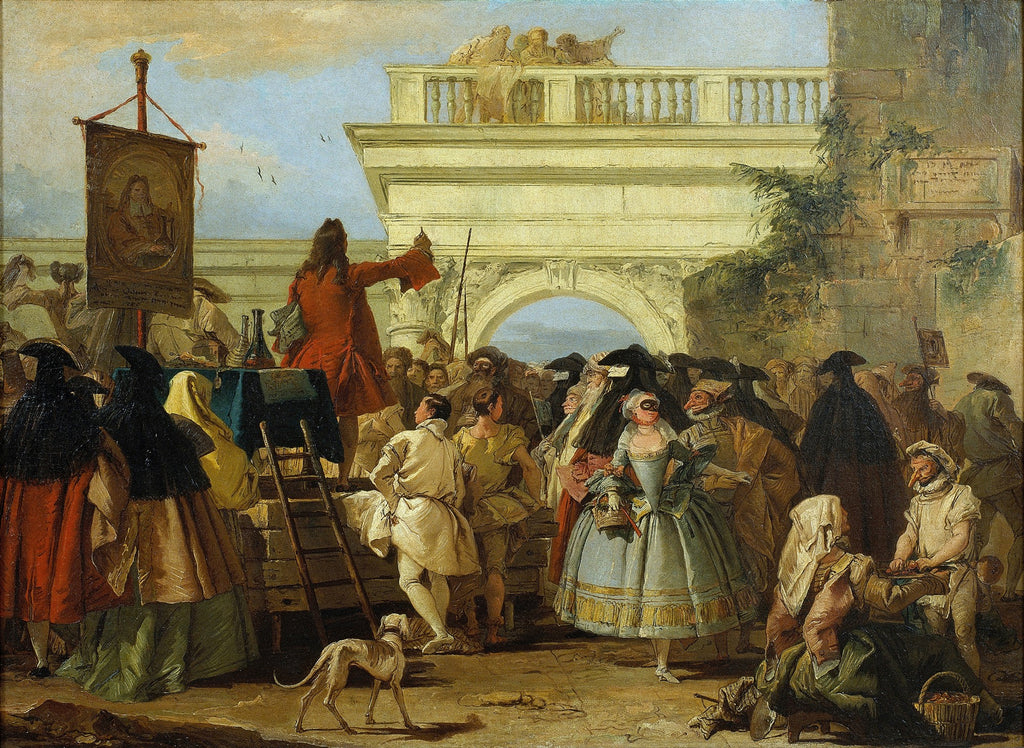 Quadro decorativo com cena de rua veneziana do século XVIII, com um charlatão em um palanque dirigindo-se a uma multidão mascarada e elegantemente vestida, incluindo um cachorro galgo à frente. Predominam tons terrosos, azuis e vermelhos.
