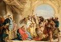 Quadro decorativo detalhado de A Mulher Adúltera, atribuído a Giovanni Domenico Tiepolo, mostrando figuras em roupas históricas em uma cena dramática sob um arco arquitetônico.