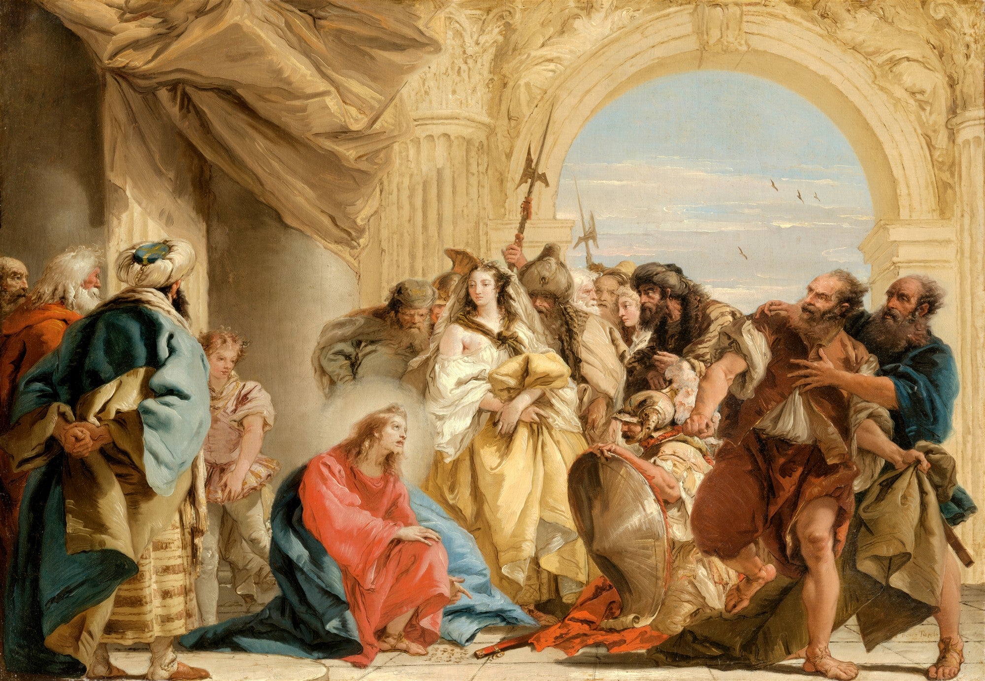 Quadro decorativo detalhado de A Mulher Adúltera, atribuído a Giovanni Domenico Tiepolo, mostrando figuras em roupas históricas em uma cena dramática sob um arco arquitetônico.