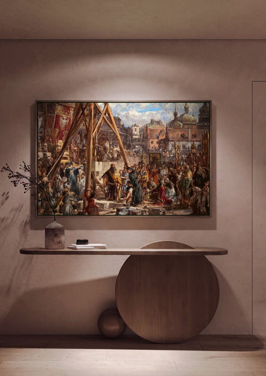 Quadro Decorativo A Ereção do Sino Zygmunt - Jan Matejko em ambiente decorado