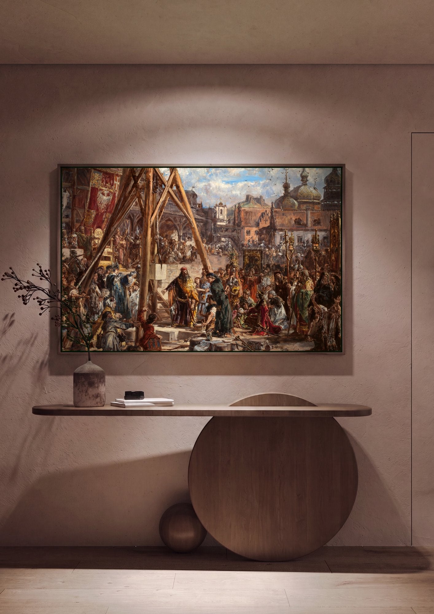 Quadro Decorativo A Ereção do Sino Zygmunt - Jan Matejko em ambiente decorado