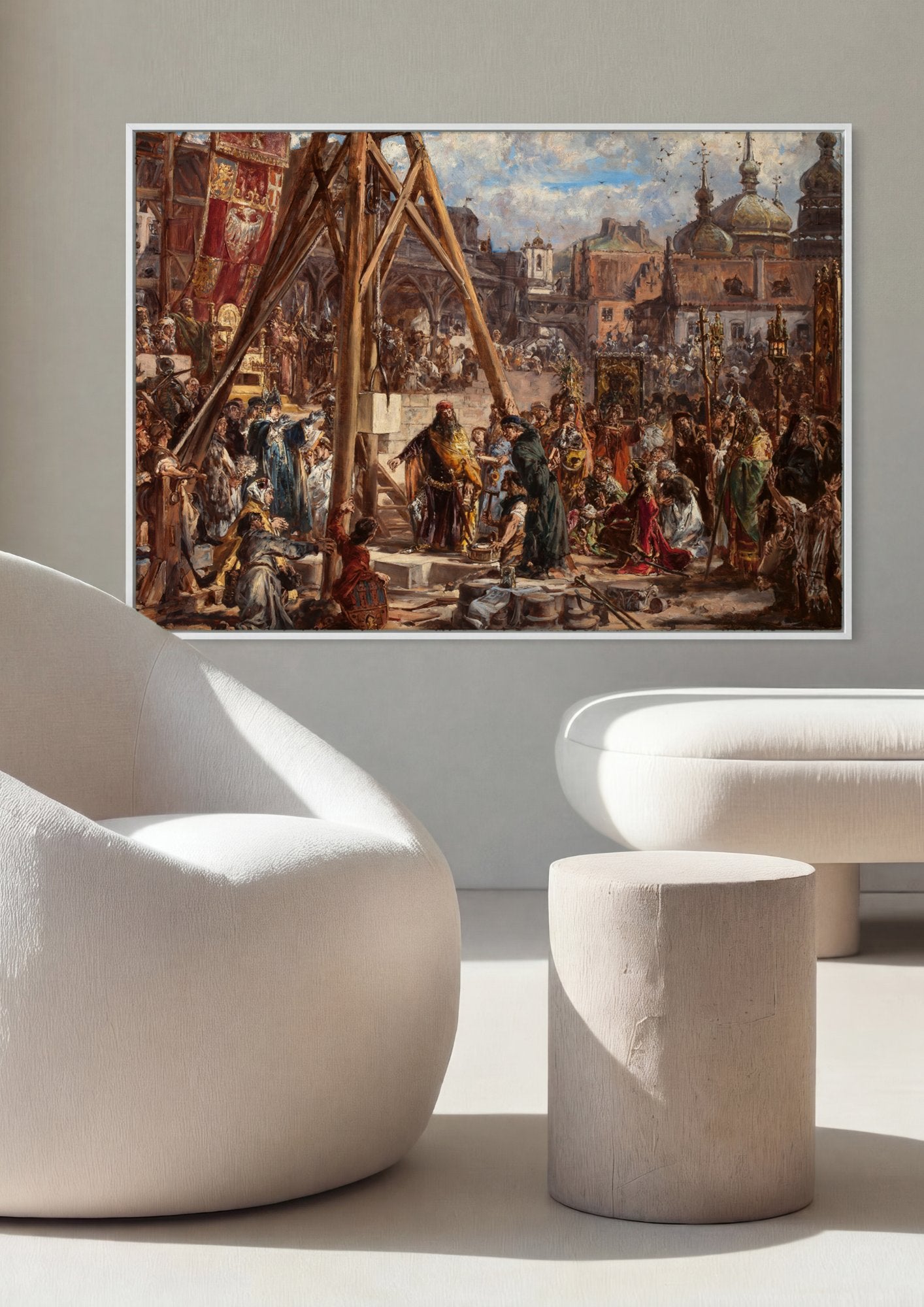 Quadro Decorativo A Ereção do Sino Zygmunt - Jan Matejko em ambiente decorado