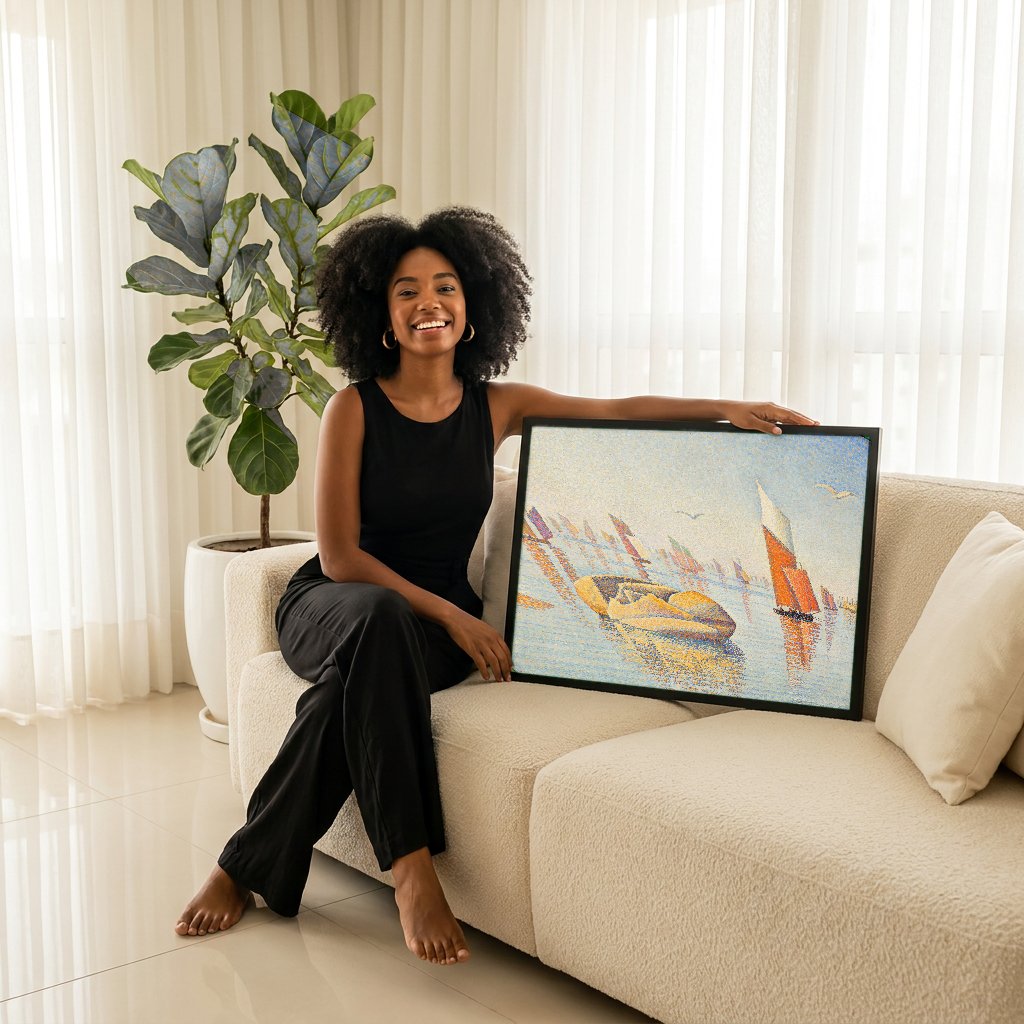 Quadro Decorativo Porto com Barcos - Signac com modelo em ambiente