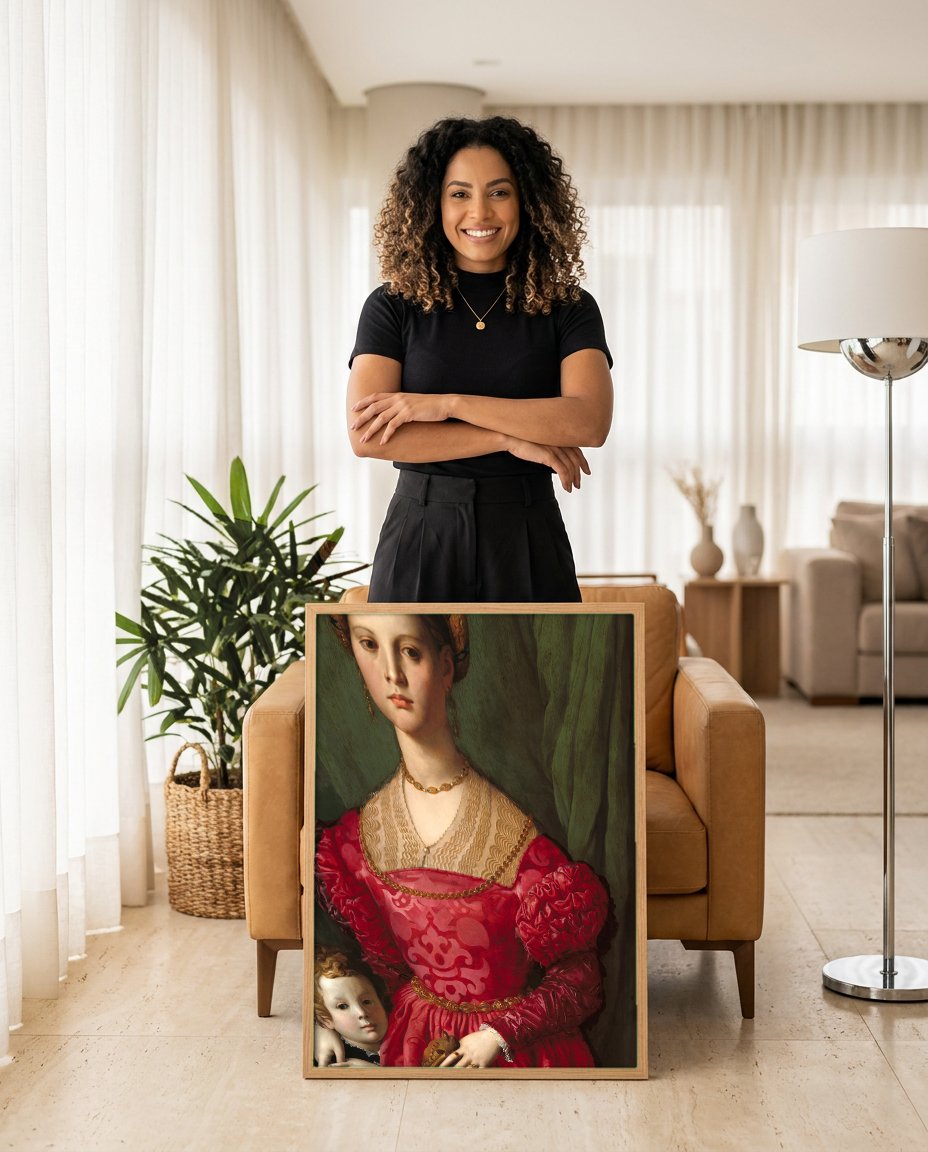 Quadro Decorativo Senhora com Filho - Agnolo Bronzino com modelo em ambiente