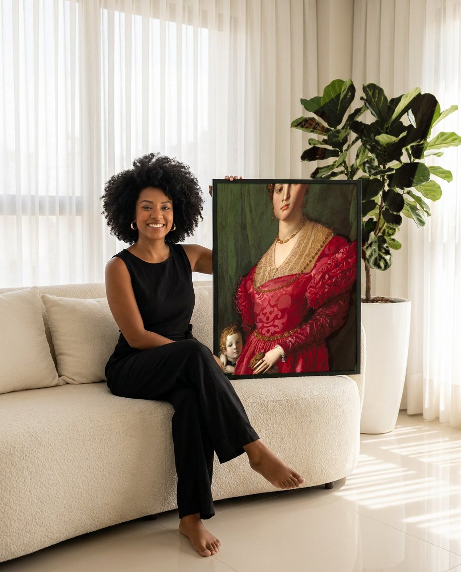 Quadro Decorativo Senhora com Filho - Agnolo Bronzino com modelo em ambiente