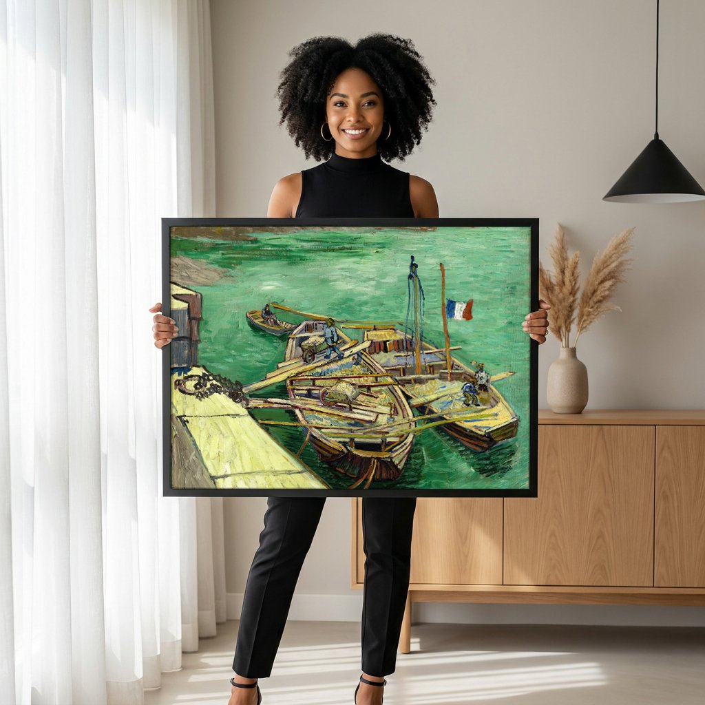 Quadro Decorativo Cais com Barcos - Van Gogh com modelo em ambiente